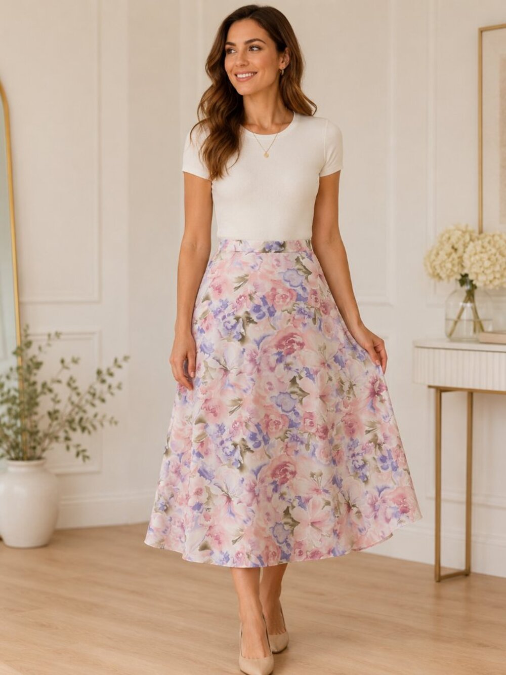Koret Petite Floral Midi Skirt 14P Pink Purple A-Line Pull On